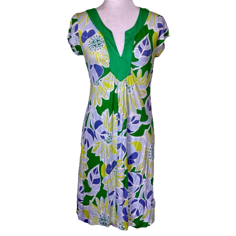 Women’s Green Blue Tropical Floral‎ Shift Dress Coastal Beach Resort Vacation M